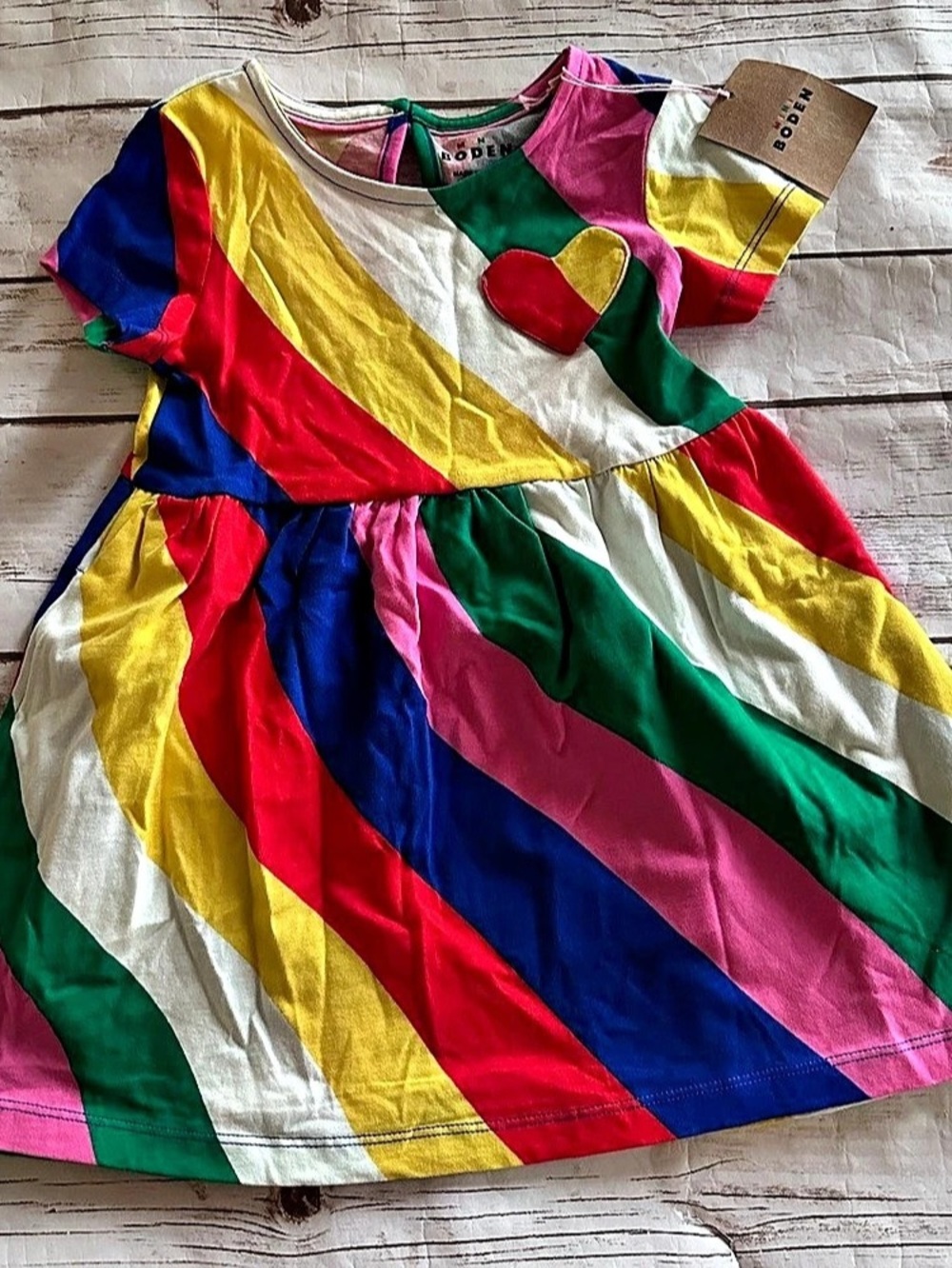 Mini Boden rainbow striped dress with heart detail
